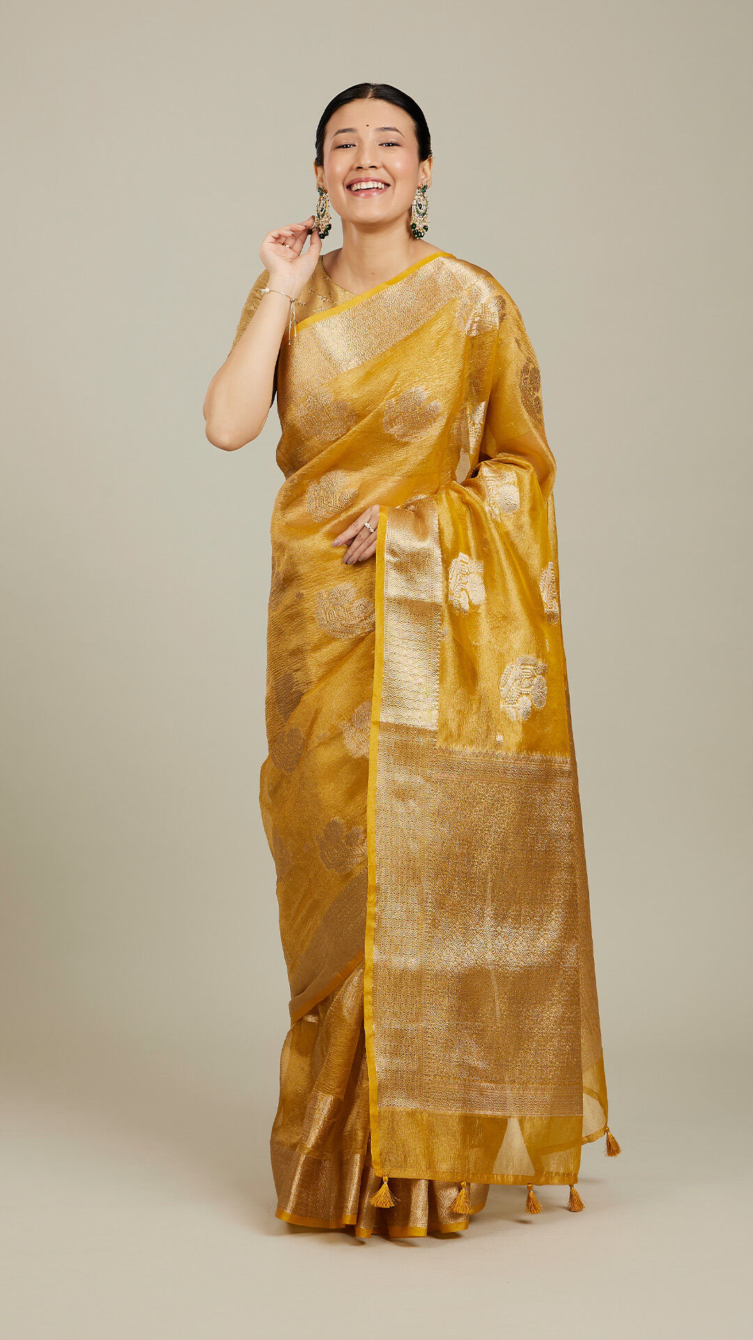 Traditional Haldi celebration outfit with yellow printed saree from Mohey Apparel